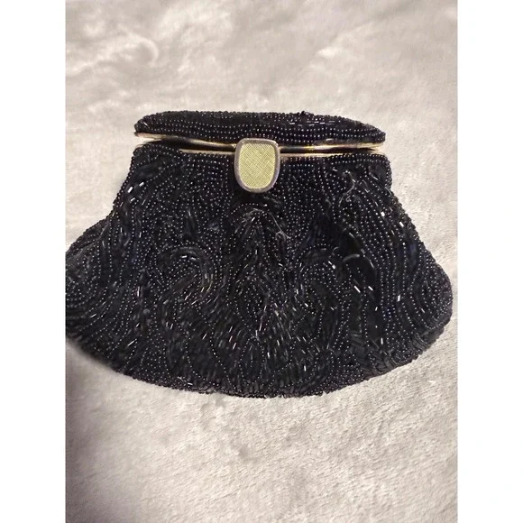 Vintage Black Beaded Evening‎ Clutch Purse Gold Frame Formal Bag