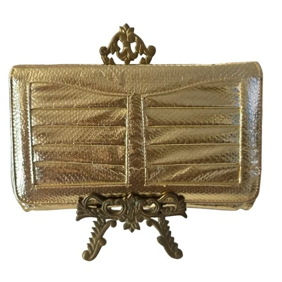 Gold Vintage Clutch Handbag with Inside Cosmetic Mirror Zipper Pocket Purse Bag