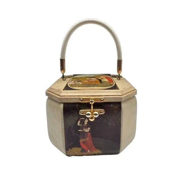 Vintage 1970s Wooden Lacquer Box Purse Indian Motif Felt Lining