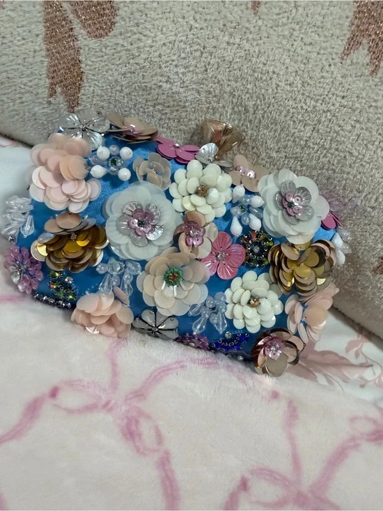 bebe Blue Floral Appliqué Evening Clutch