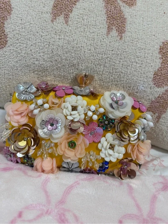 bebe Yellow Floral Sequin Embellished Clutch