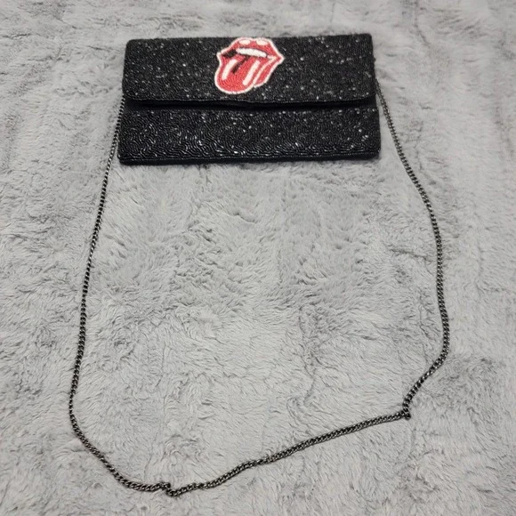 Rolling Stones Beaded Tongue Clutch Bag Womens Small Black Chain Crossbody Purse