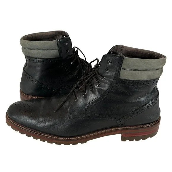 Johnston & Murphy Mens 13M Black Leather Wingtip Brogue Lug Sole Boots 59-10745
