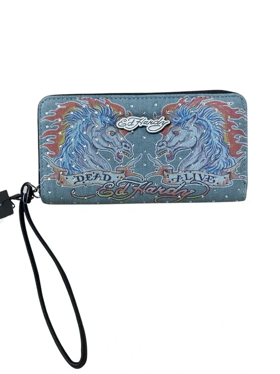Ed Hardy Dead Alive denim wristlet wallet zip up horse print studded NWT