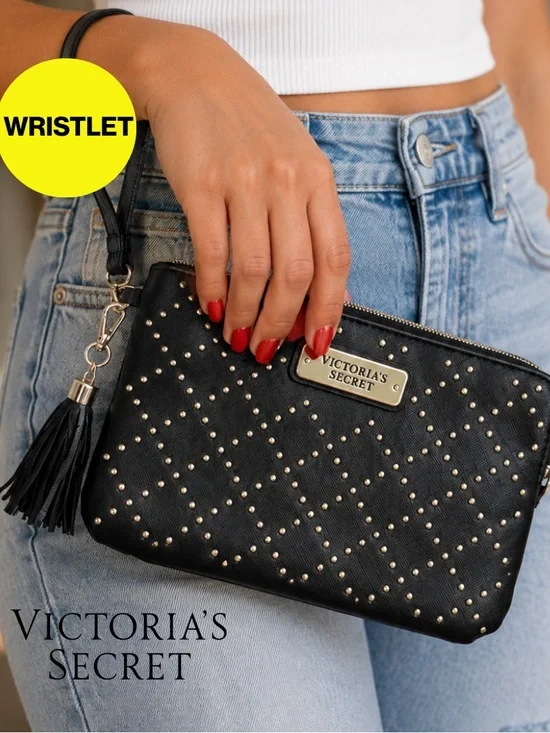 3/for $15 🍒 VICTORIA’S SECRET Black Studded Tassel Wristlet Clutch