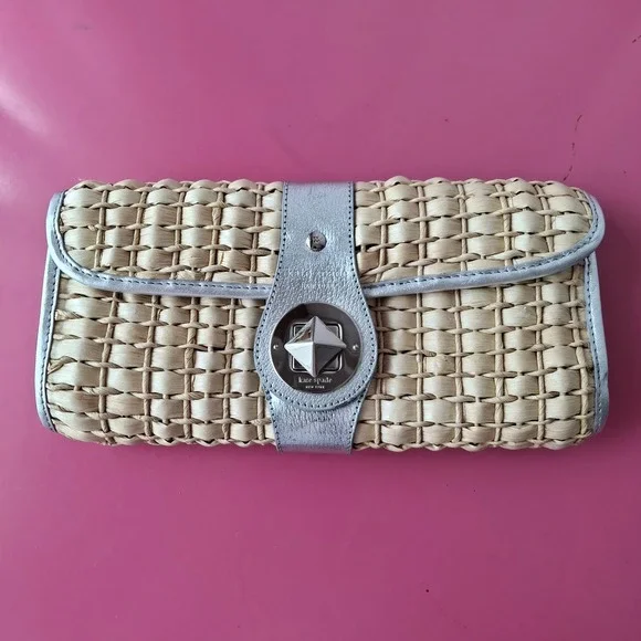 Kate Spade Woven Straw Clutch Bag Beige Silver Metallic Leather Trim Rattan