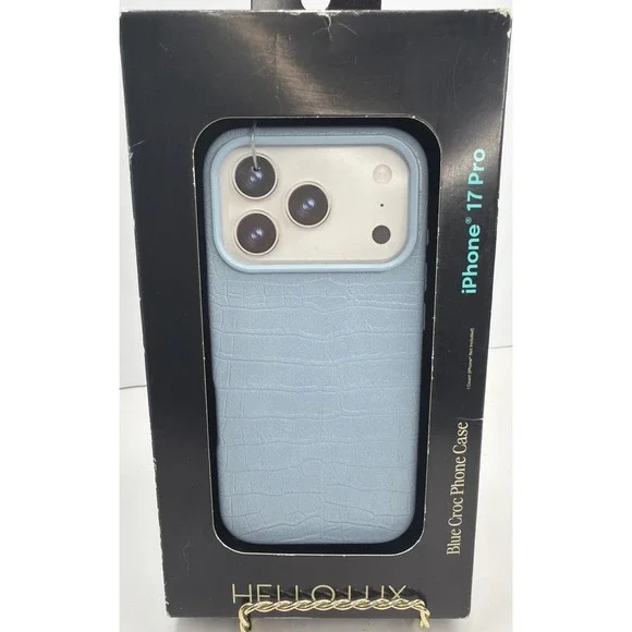 HELLO LUX Blue Croc Phone Case for iPhone 17 Pro Faux Leather Drop Protection