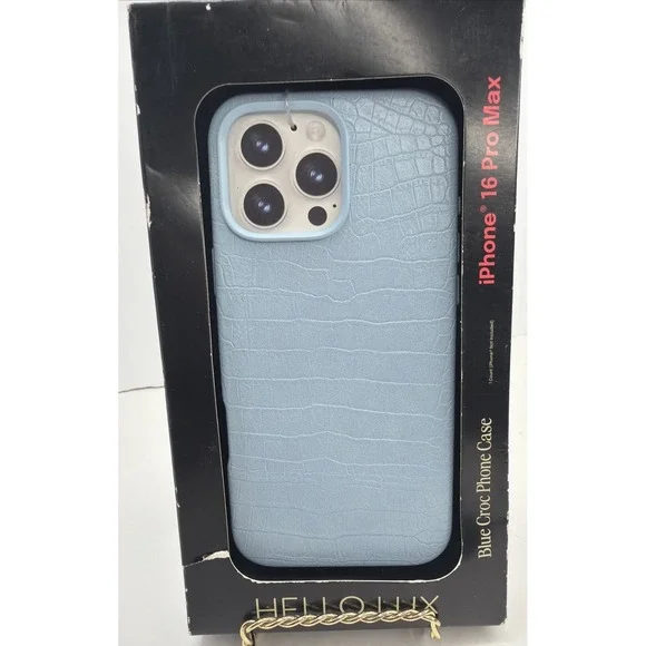 Hello Lux Blue Croc Faux Leather Phone Case for iPhone 16 Pro Max Dual Layer