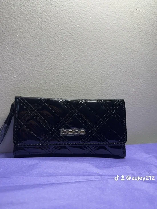 bebe Black Quilted Patent Clutch Wallet with Logo Plaque