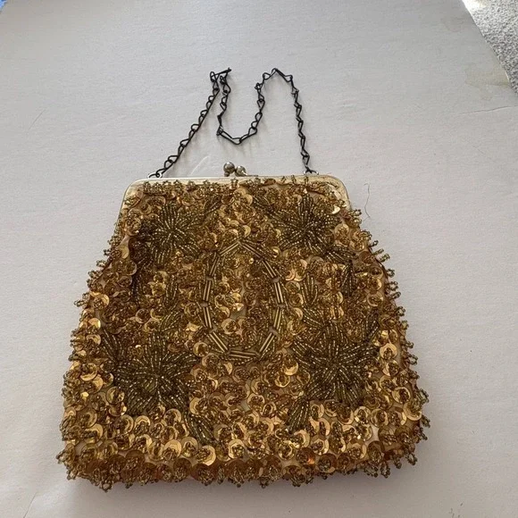 Walborg Beaded Evening Bag/Purse/Clutch Chain Gold sequines