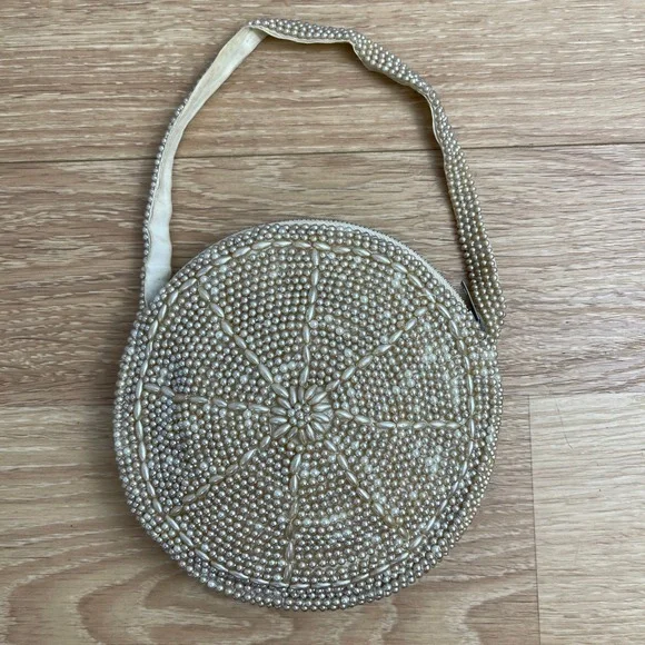 Vintage Cream Faux Pearl Beaded Round Evening Bag Made in Japan Circle Purse