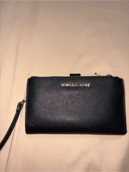 Michael Kors Black Leather Wristlet with Gold Logo