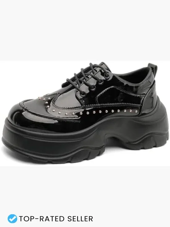 Patent Leather Rivet Platform Motorcycle Boots with Side Zipper Chunky Block