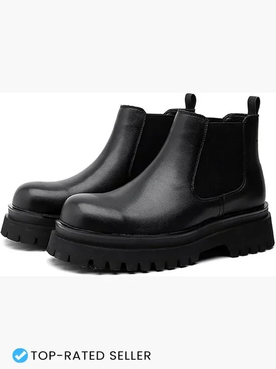 Men's Leather Chunky Platform Heel Stretch Chelsea Boots Wide Toe Slip On Lug