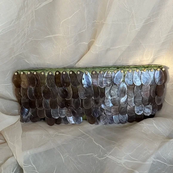 Genuine Capiz shells clutch purse olive green