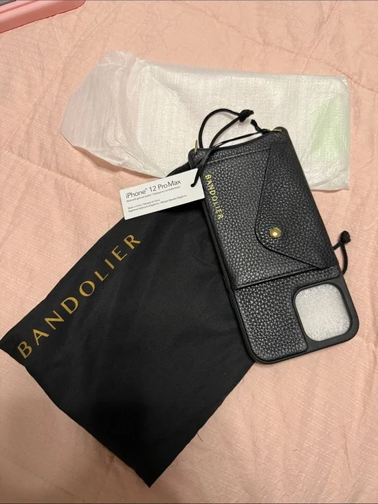 New Bandolier Black Leather Crossbody Phone Case with Card Pocket