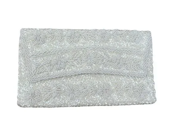 Vintage Ivory Beaded Evening Clutch Purse Floral Sequin Made in Hong Kong