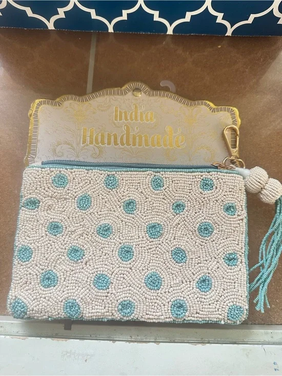 India handmade Beaded White & Turquoise Polka Dot Wristlet Clutch