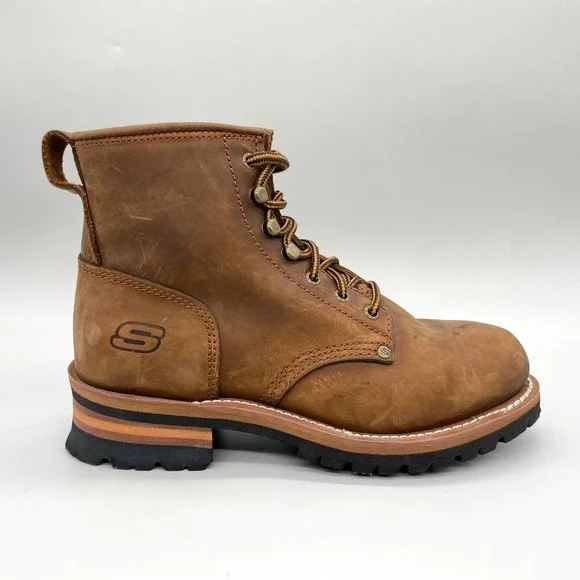 Skechers Mens 9.5 Cascades Logger Work Boots Brown Leather Rugged Hiking Utility