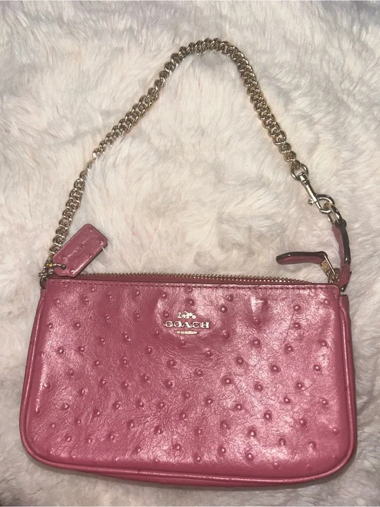 Coach Pink Ostrich-Embossed Wristlet with Gold Chain Strap