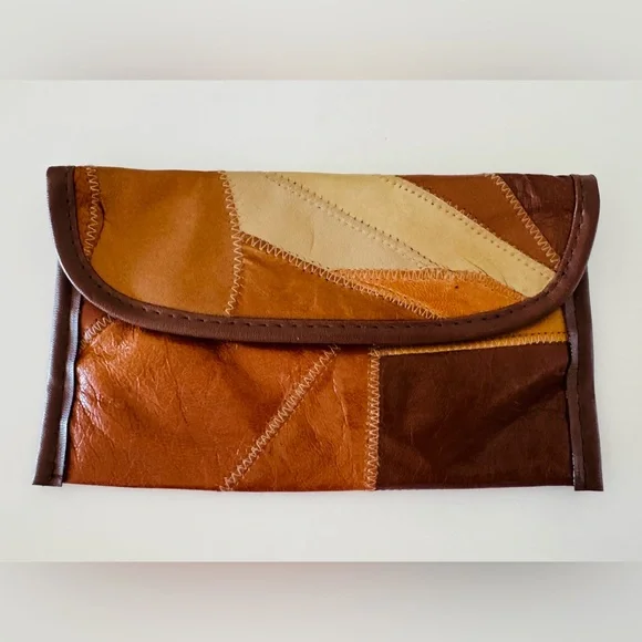 Vintage Patchwork Genuine Lambskin Leather Boho Clutch Pouch Brown Tan Organizer