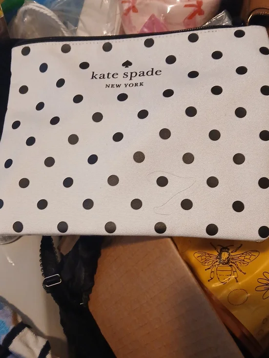 kate spade White Polka Dot Zip Pouch with Black Dots