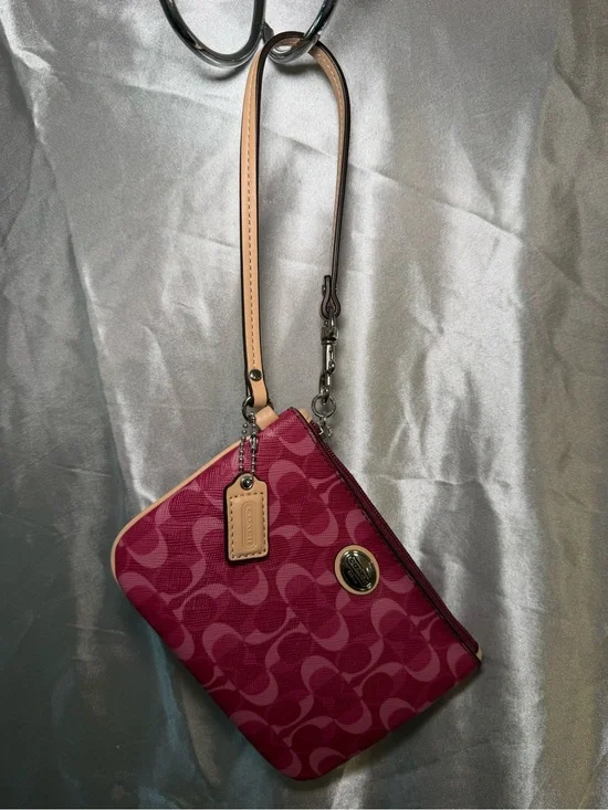 Coach Signature Canvas Wristlet in Fuchsia with Tan Strap