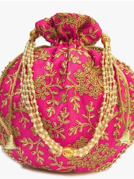 Embroidered Pink Potli Bag with Gold Beaded Strap