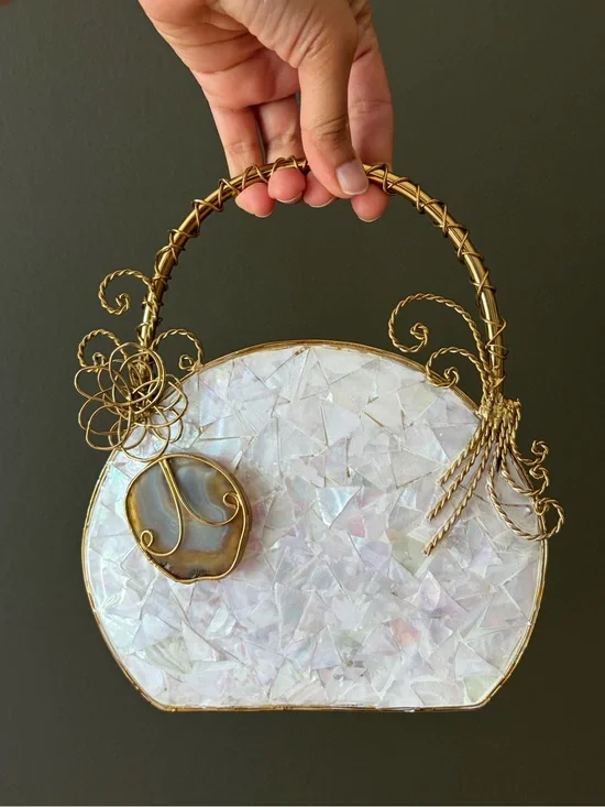 Handcrafted Iridescent Shell Circle Top-Handle Bag in White and Gold
