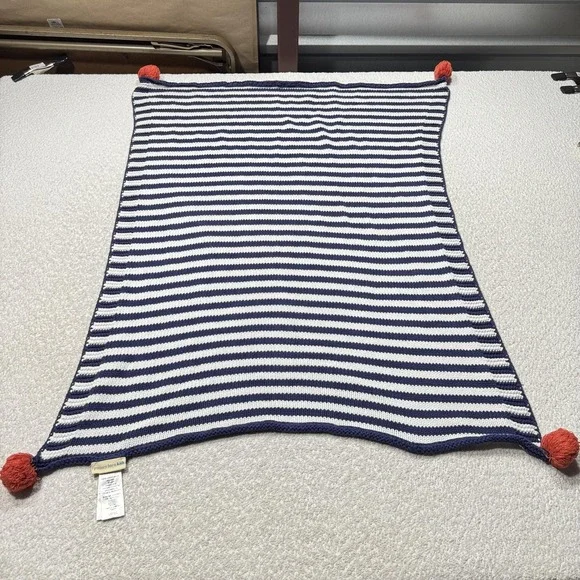 Pottery Barn Kids Navy White Striped Knit Baby Blanket Pom Pom 37x28 Cotton
