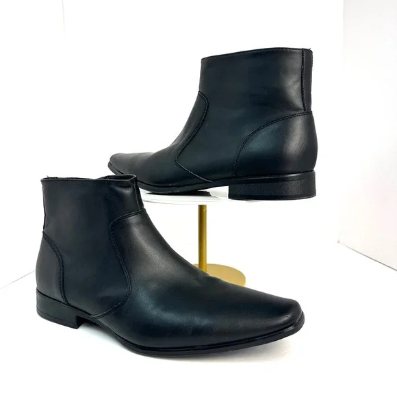 Side Zip Square Toe Dress Boots Mens 11.5 Black Faux Leather Sleek Stylish