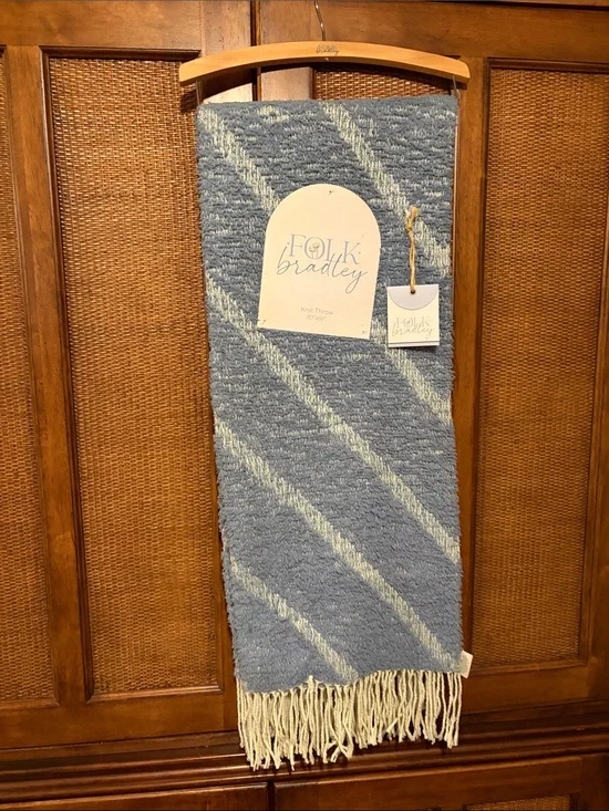 Blue Stripe Knit Throw with Fringe