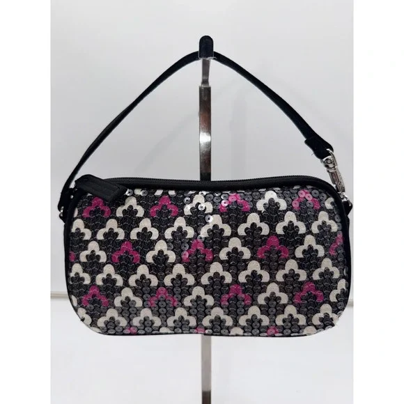 Vera Bradley Sequin Wristlet Bag Black Fuchsia White Geometric Sparkle Clutch
