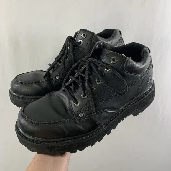 Skechers Mens Y2K Leather Lace Up Lug Sole Work Boots Size 10.5 Extra Wide Black