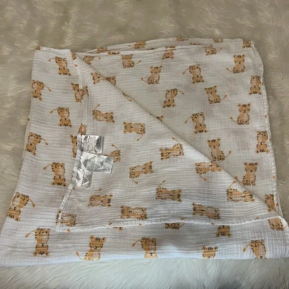 Aden + Anais Essentials Tiger Print Cotton Muslin Swaddle Blanket White Orange
