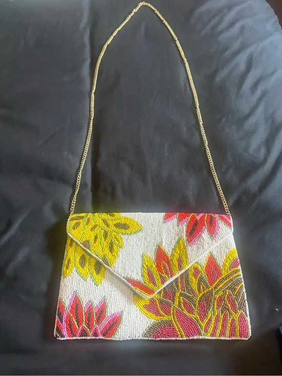 Beaded Floral Envelope Crossbody Bag - Yellow & Pink