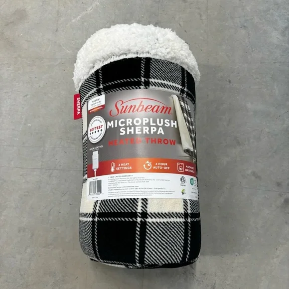 Sunbeam Microplush‎ Sherpa Electric Heated Throw Blanket, White and Black Plaid