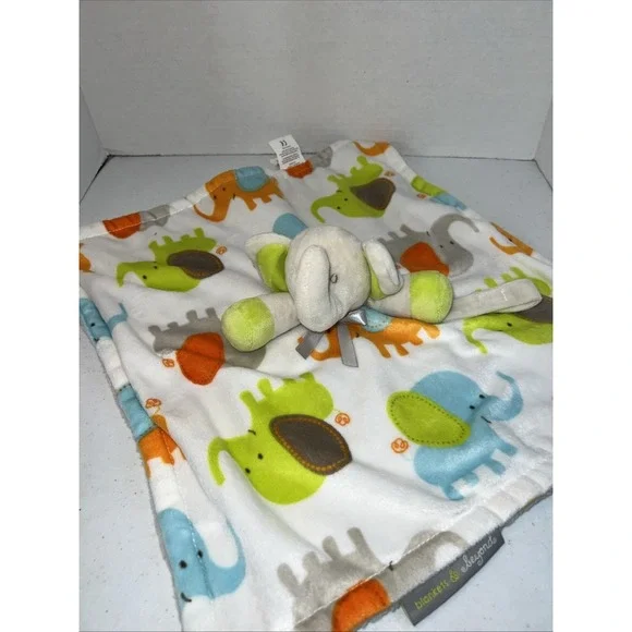 Blankets & Beyond Elephant Lovey White Gray Green Orange Baby Security Blanket