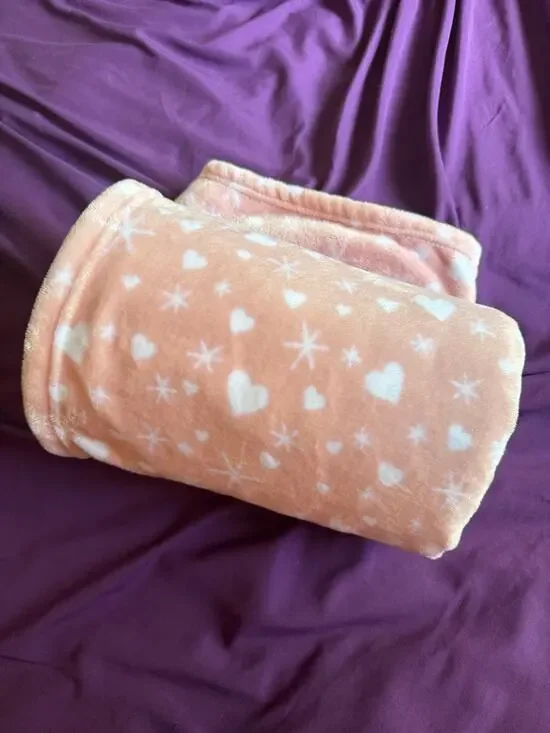 Soft Pink Hearts & Stars Fleece Blanket 50x58 Plush Cozy Baby Lap Throw