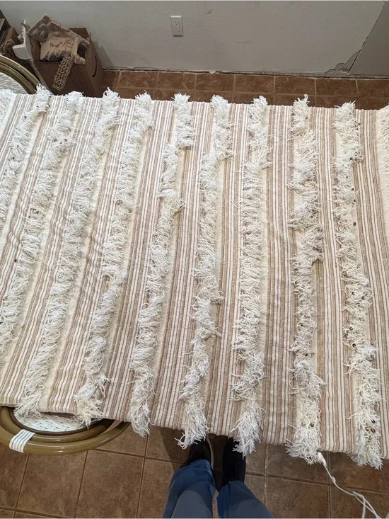 Anthropologie Neutral Beige Striped Fringe Throw