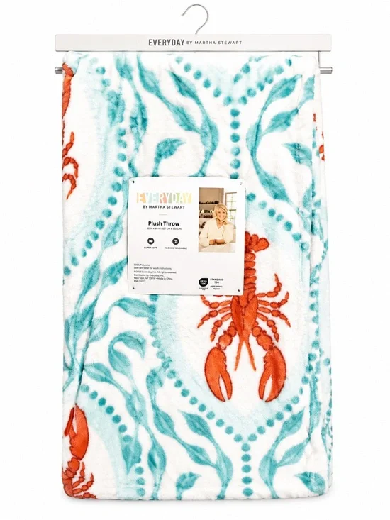 Martha Stewart Plush Throw Blanket in White with Teal and Orange Lobster Motif