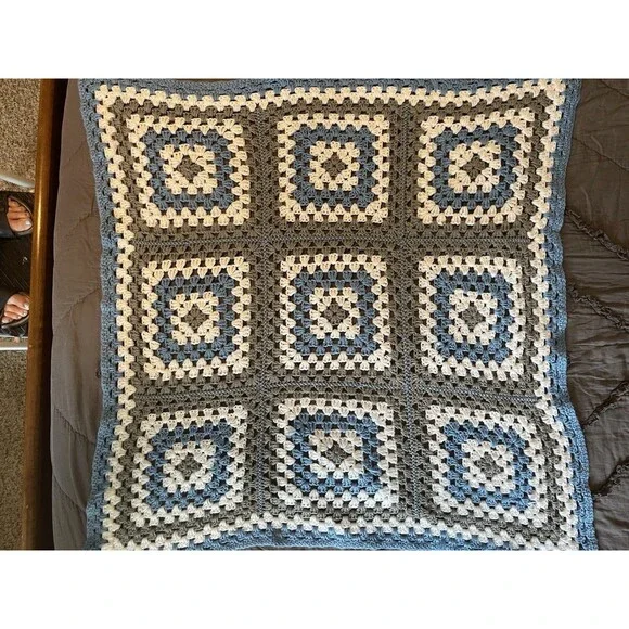 Handmade Crochet Granny Square Sofa Throw Blanket 36x36 Blue White Gray