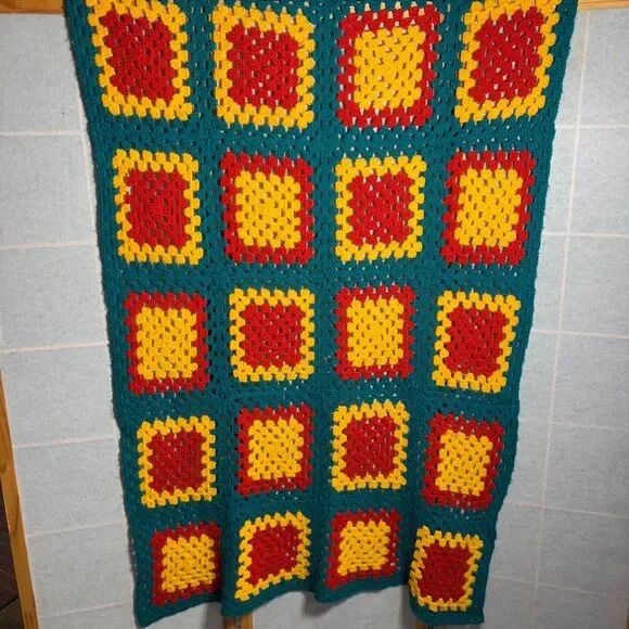 Vintage‎ Crochet Granny Square Blanket Afghan Turquoise Yellow Red Small 59 x 37