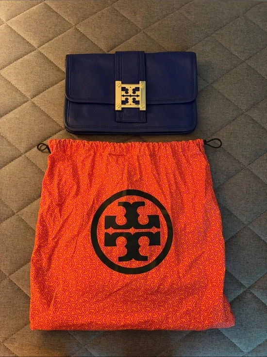 Tory Burch Royal Blue Leather Clutch with Gold Logo Hardware