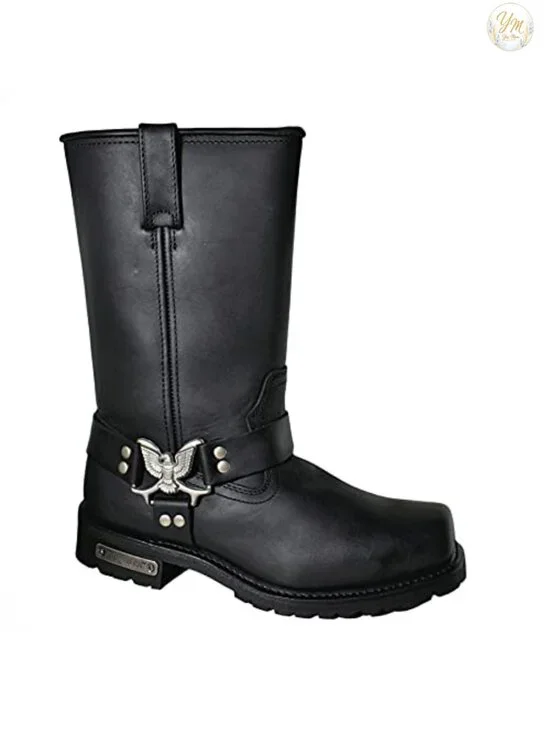 Full Grain Leather Men's Motorcycle Boots with Square Toe & Side Zipper