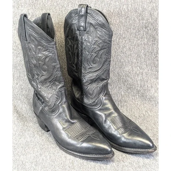 Vintage Dan Post 6540 Mens Black Leather Cowboy Boots 9 D USA 80s-90s