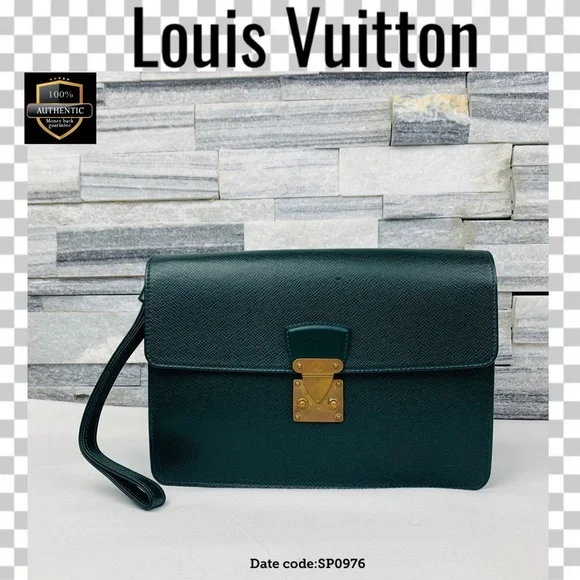 Louis Vuitton Green Leather Wristlet Clutch with Gold Lock