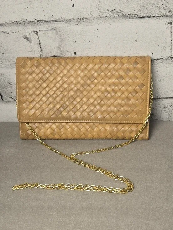 Woven Faux Leather Chain Clutch Crossbody Purse Tan Boho Shoulder Bag