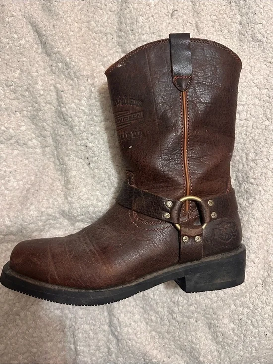 Harley-Davidson Brown Leather Harness Cowboy Boot with Brass Ring