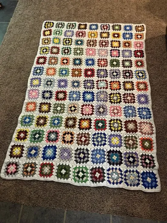 Vintage Crochet Afghan Blanket Granny Square Multicolor White Background 68”x46”